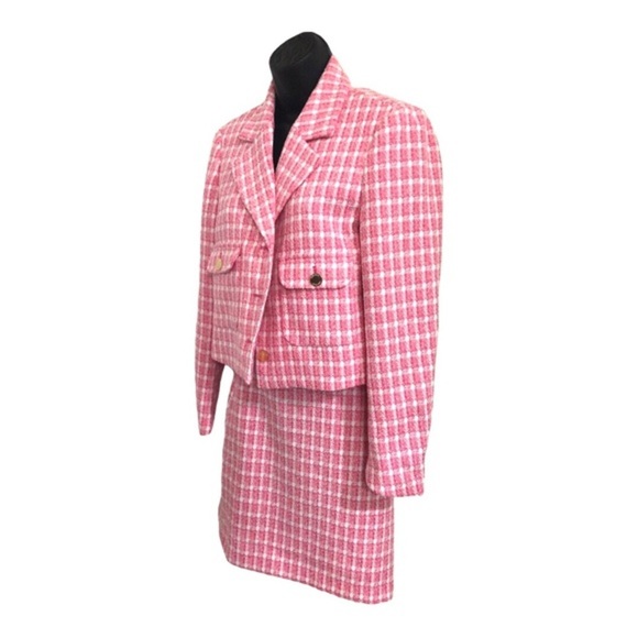 Nine West pink berry crush boucle look gold button jacket skirt suit set size M - Picture 15 of 17